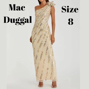 Mac Duggal One-Shoulder Gold Beaded Gown – EUC - Size 8